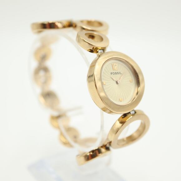 Fossil Gold Tone 25mm Textured Dial Watch Circle Link Bracelet with New Battery - Picture 8 of 14